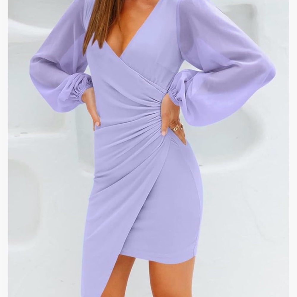 ZESICA Women's V Neck Bodycon Short Dress Long Puff Sleeve Ruched Asymmetrical